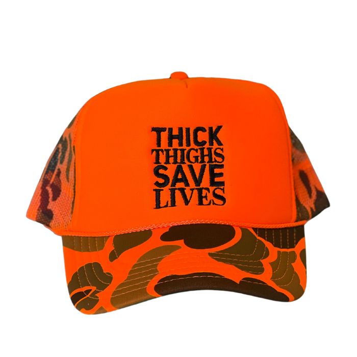 Thick Thighs Save Lives Trucker Hat - Camo/Neon Orange