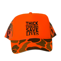 Thick Thighs Save Lives Trucker Hat - Camo/Neon Orange