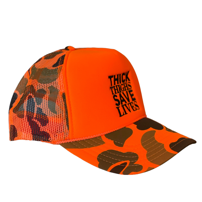 Thick Thighs Save Lives Trucker Hat - Camo/Neon Orange