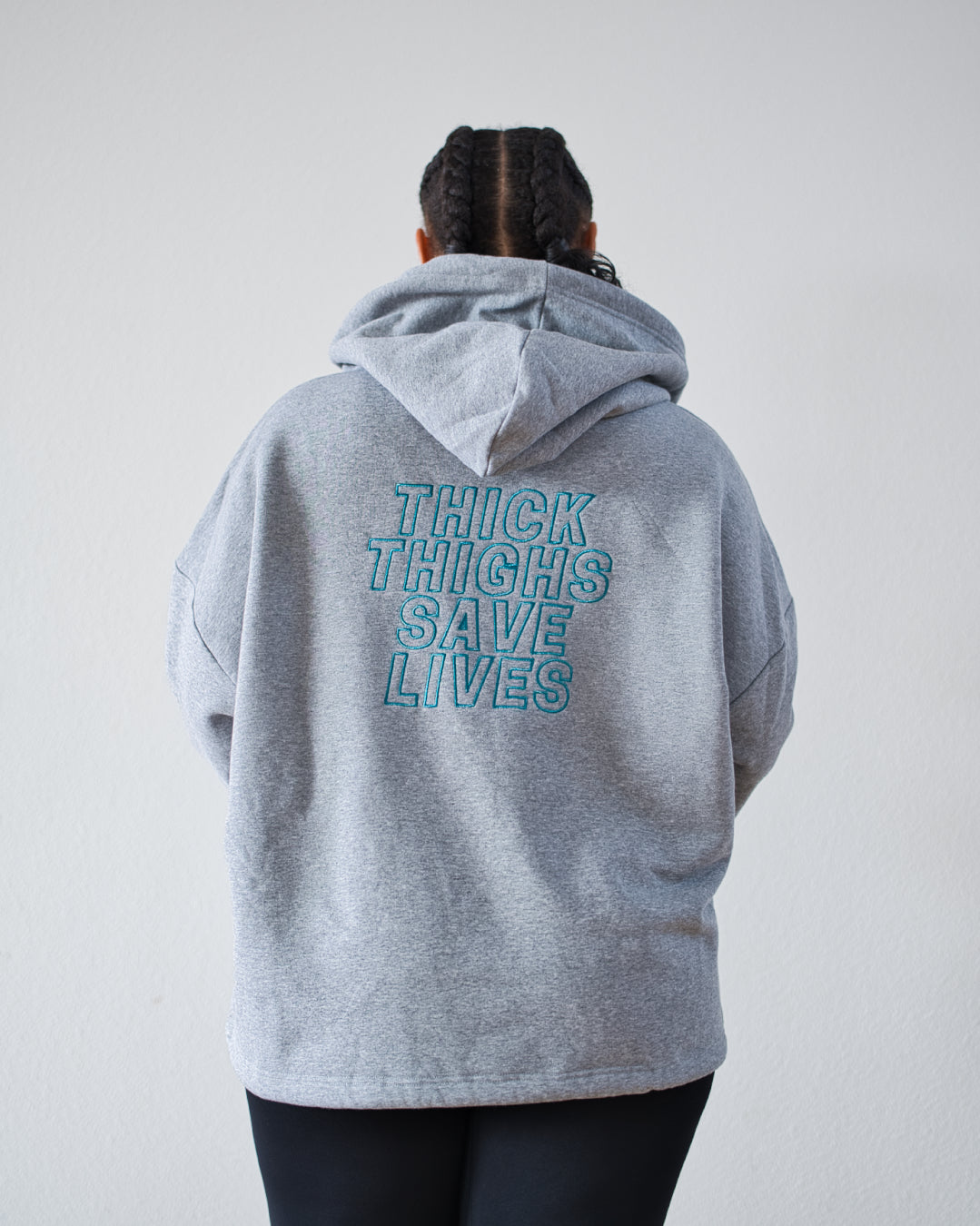 THICK THIGHS SAVE LIVES Embroidered Full Length Hoodie