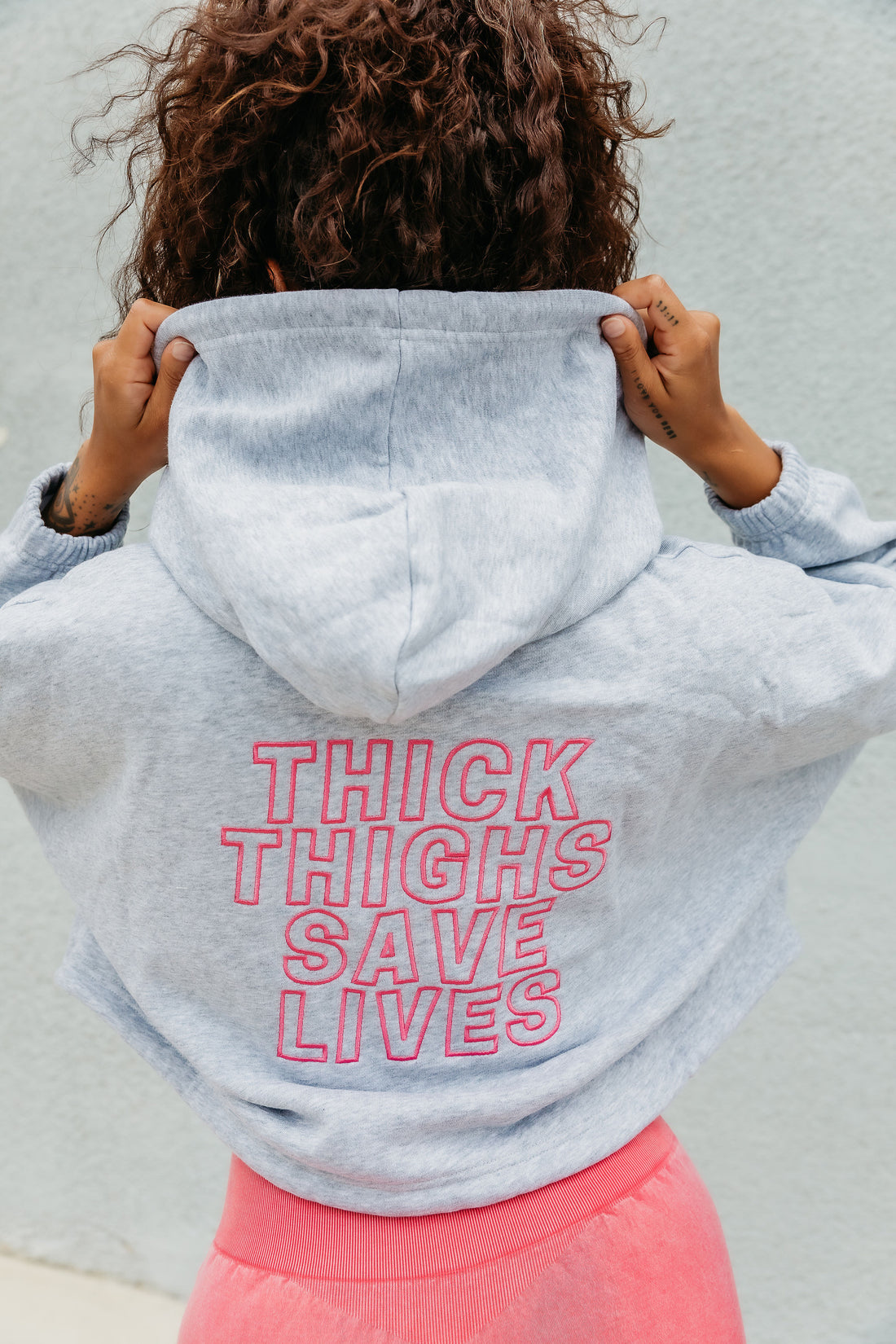 Grey/Hot Pink THICK THIGHS SAVE LIVES Embroidered Crop Hoodie 2.0