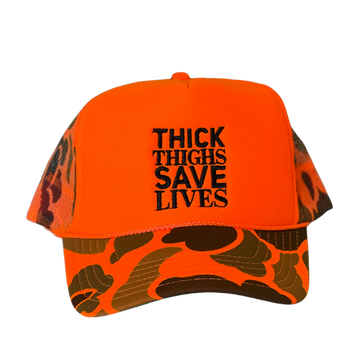 Thick Thighs Save Lives Trucker Hat - Camo/Neon Orange