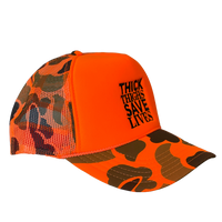 Thick Thighs Save Lives Trucker Hat - Camo/Neon Orange