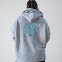 THICK THIGHS SAVE LIVES Embroidered Full Length Hoodie