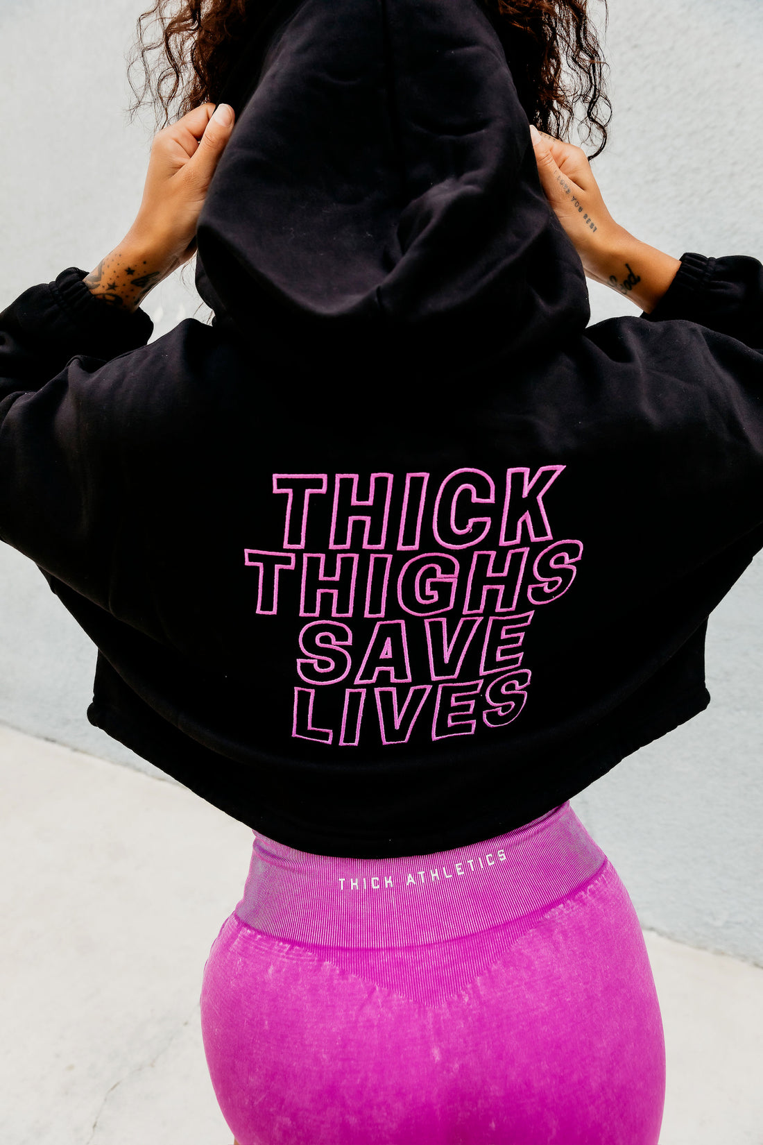 Black/Royal Purple THICK THIGHS SAVE LIVES Embroidered Crop Hoodie 2.0