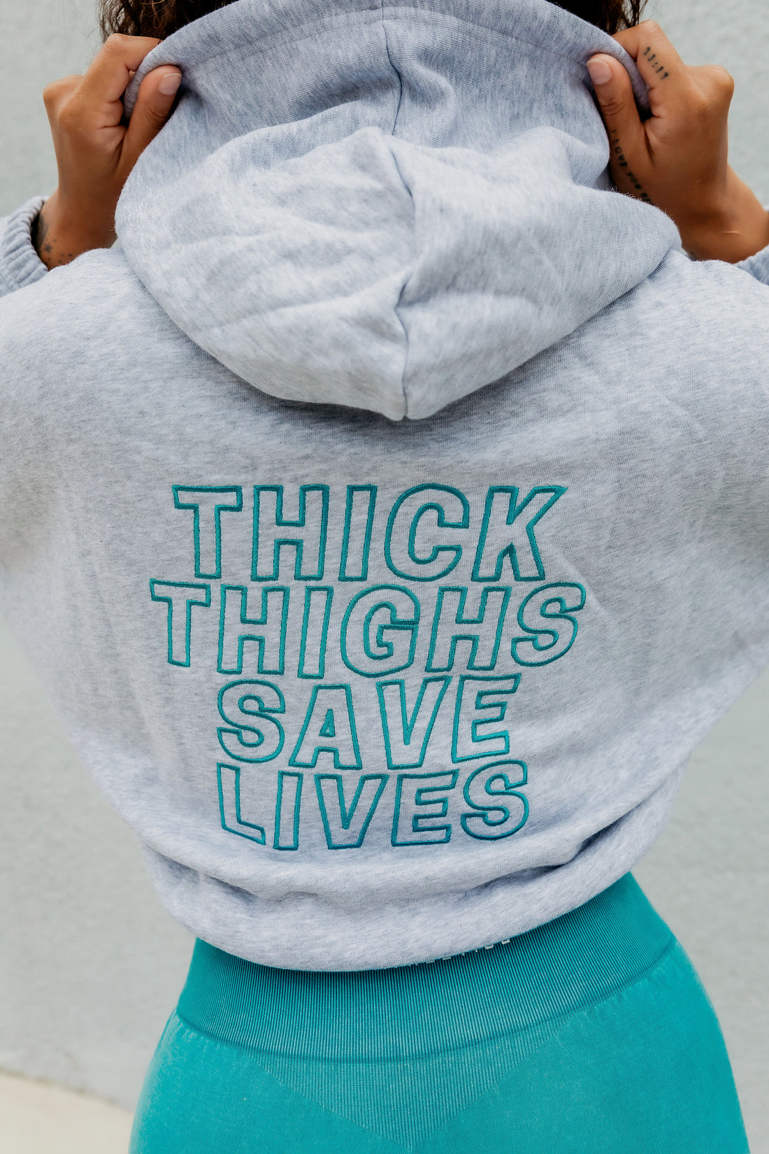 Grey/Emerald Green THICK THIGHS SAVE LIVES Embroidered Crop Hoodie 2.0