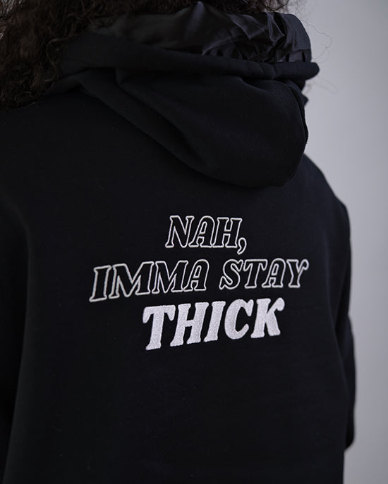 Model wearing Nah Imma Stay Thick Crop Hoodie